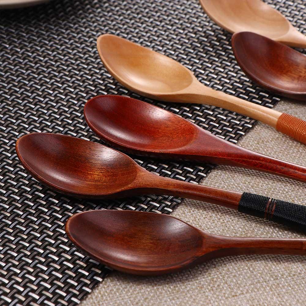 Adults Wooden Dinnerware with Tied Line Tableware Cutlery Scoop Soup Spoons Kitchen Utensil
