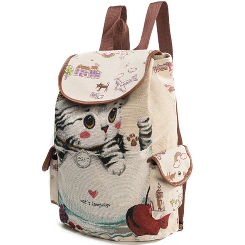 2021 Women Canvas Large Rucksack Ladies Cat Print School Bag Laptop Notebook Backpack