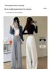 Gray High-Waisted Wide-Leg Pants for Petite, Loose Casual Commuter Style, Floor-Length for Spring/Autumn.