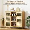 Bamboo Slatted Shoe Storage Cabinet, 2 Doors, Shelves, Open Compartments, 100x33x86cm, Natural