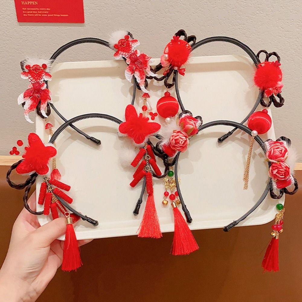 Парик Ханфу в китайском стиле, повязка на голову с жемчугом, новогодний головной убор, повязка на голову с цветочной кисточкой, детская повязка на голову