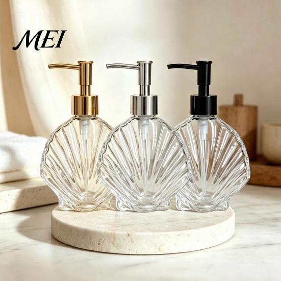 Seashell Lotion Bottle 400ML Beach Refillable Soap Dispenser, Liquid Hand Glass Dispenser Container, Pump for Bathroom Kitchen Countertop