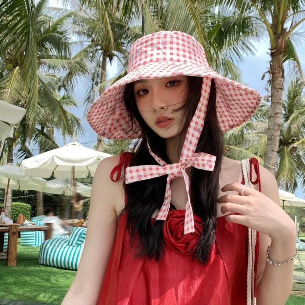 Wide-edged Bucket Hat Lace-up Sunscreen Hat Sweet Summer Cap  Women