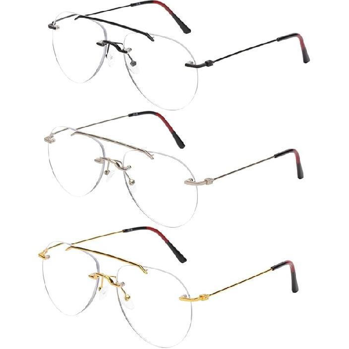 DOOViC 3 Pack Trendy Rimless Aviator Reading Glasses For Women Men Stylish Blue Light Blocking Readers Retro Metal Frame