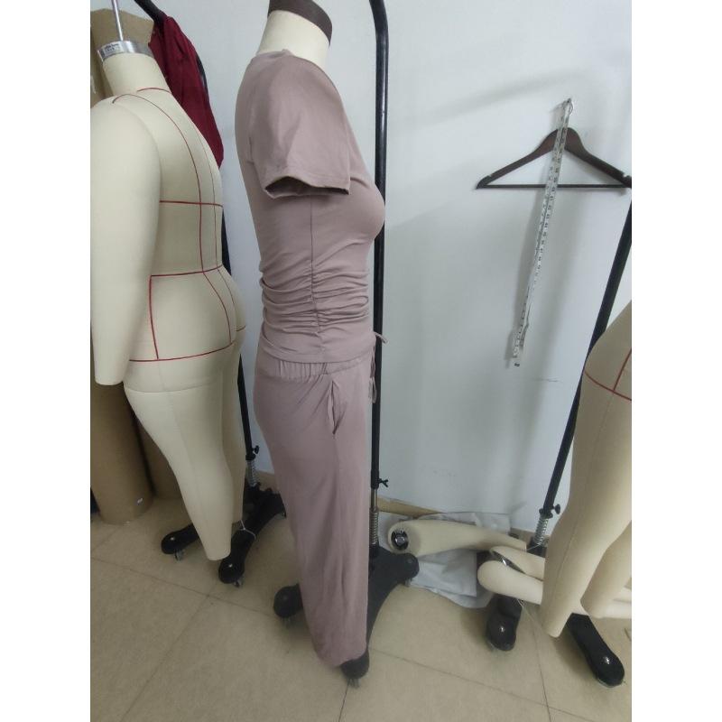 Women's Set Summer Short-sleeved Pleated Top Casual Sweatpants