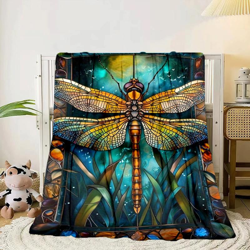 Stained Glass Dragonfly Garden Blanket Flannel Blanket for bed, sofa, Camping, Hiking, Picnic Essentials, gift for family Fan gifts