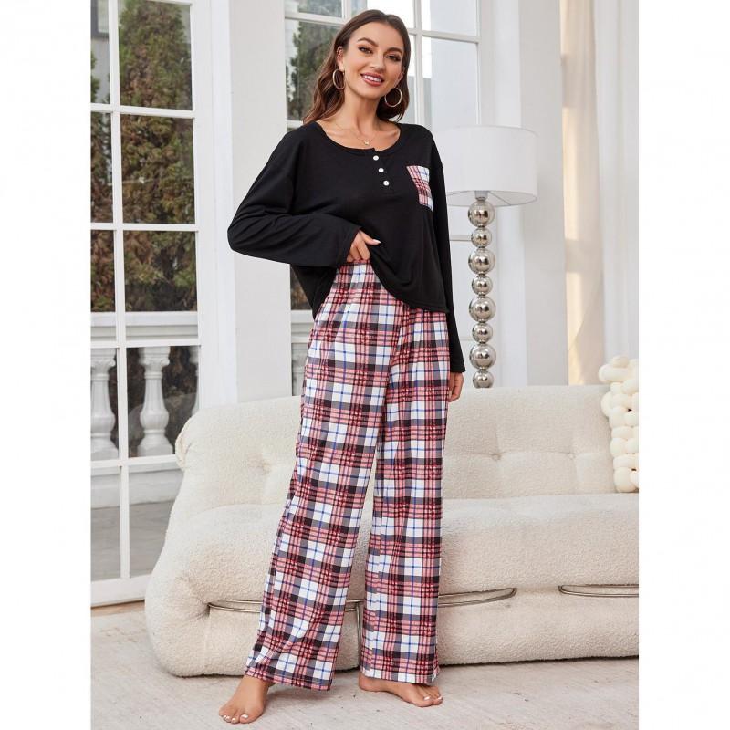 Womens Lightweight Plaid Long Sleeve Pajama Set With Open Front Cardigan Home Sleep Casual Wear