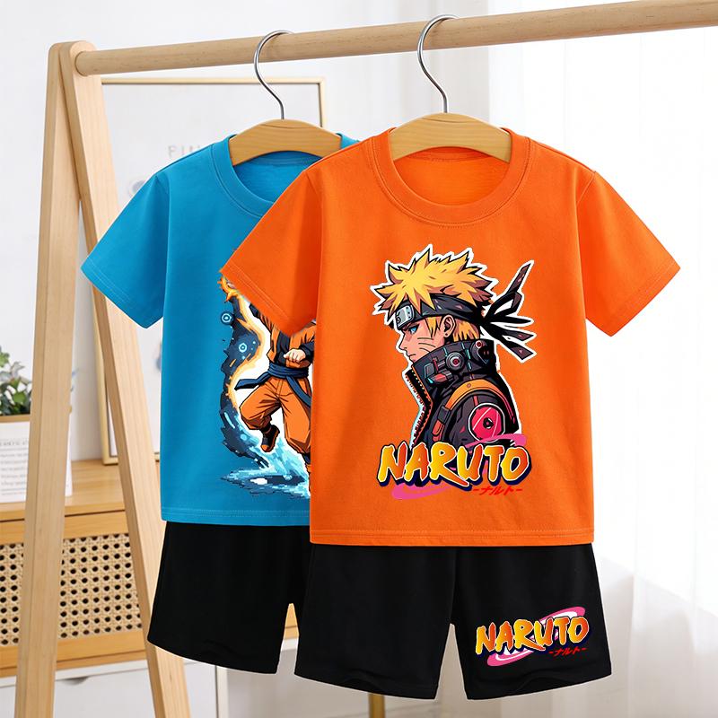Naruto Boy Girl T-shirt Set Cartoon Tees Anime Cartoon Children Cotton Short Sleeves Shorts 2pcs Set Kids Fashion Summer Clothes