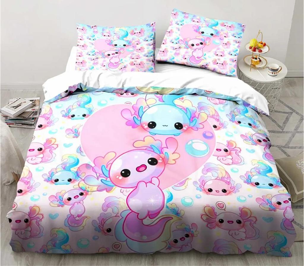 Cute Kawaii Axolotl Art Christmas Navidad Gift King Twin Double Child Customized Bedding Set Duvet Cover with Pillowcase 3 Piece