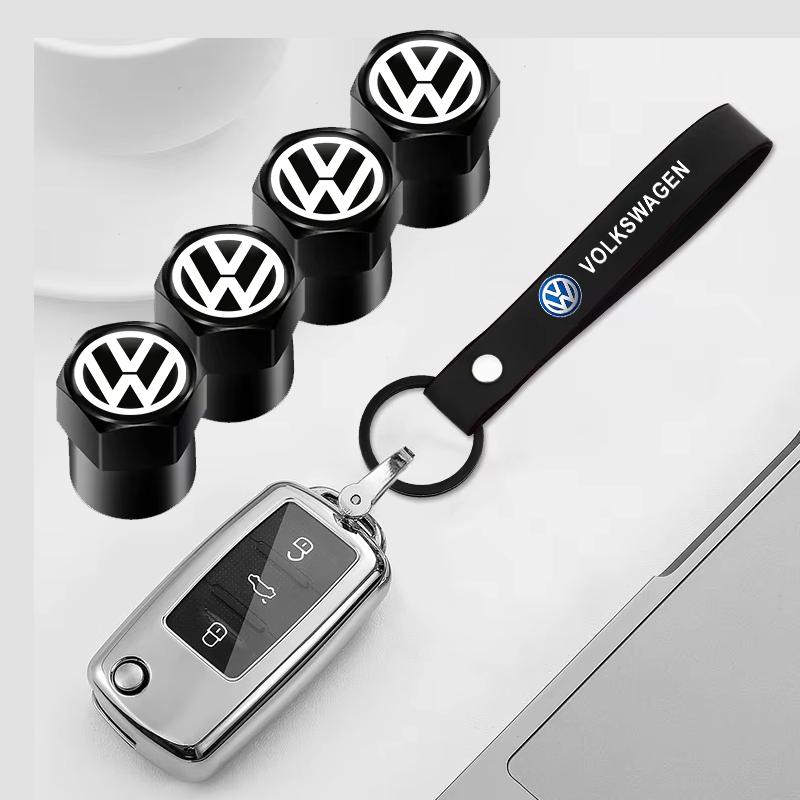 VW Hub Caps Tire Valve Stem Cap+Keychain Set Dustproof And Practical For Volkswagen GOLF Polo Tiguan VW GTI PASSAT