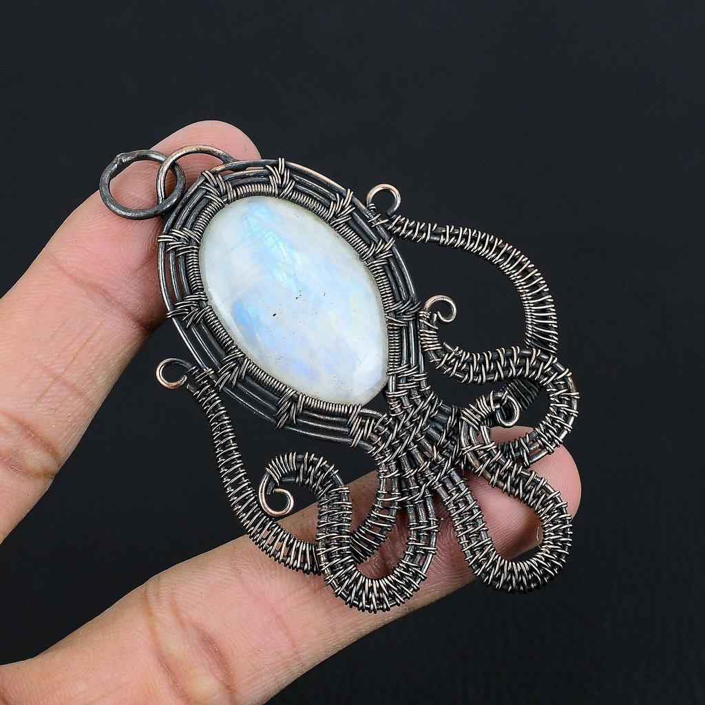Кулон из лунного камня, обернутый медной проволокой 999 пробы, кулон из драгоценного камня ручной работы, подарок для мамы, антикварное украшение