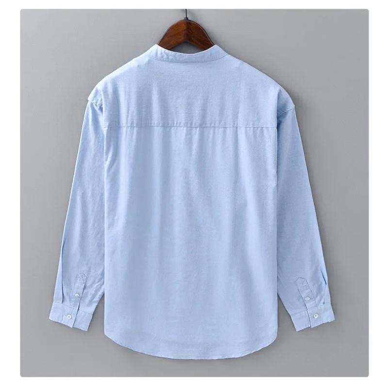 Рубашки из хлопка и льна простого стиля для мужчин Весна Лето Повседневная рубашка с длинным рукавом Карман Воротник-стойка Однотонная рубашка Пляжная Дышащая Мужская Топ