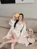 Spring and summer new ice silk pajamas women's one-piece suspender nightgown set with chest pad sweet pure lust loungewear women