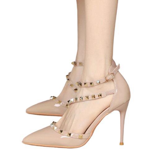 Французские босоножки премиум-класса женские с одним словом пряжка с заостренной головкой темперамент знаменитости лакированная кожа тонкий каблук заклепки сексуальные высокие каблуки