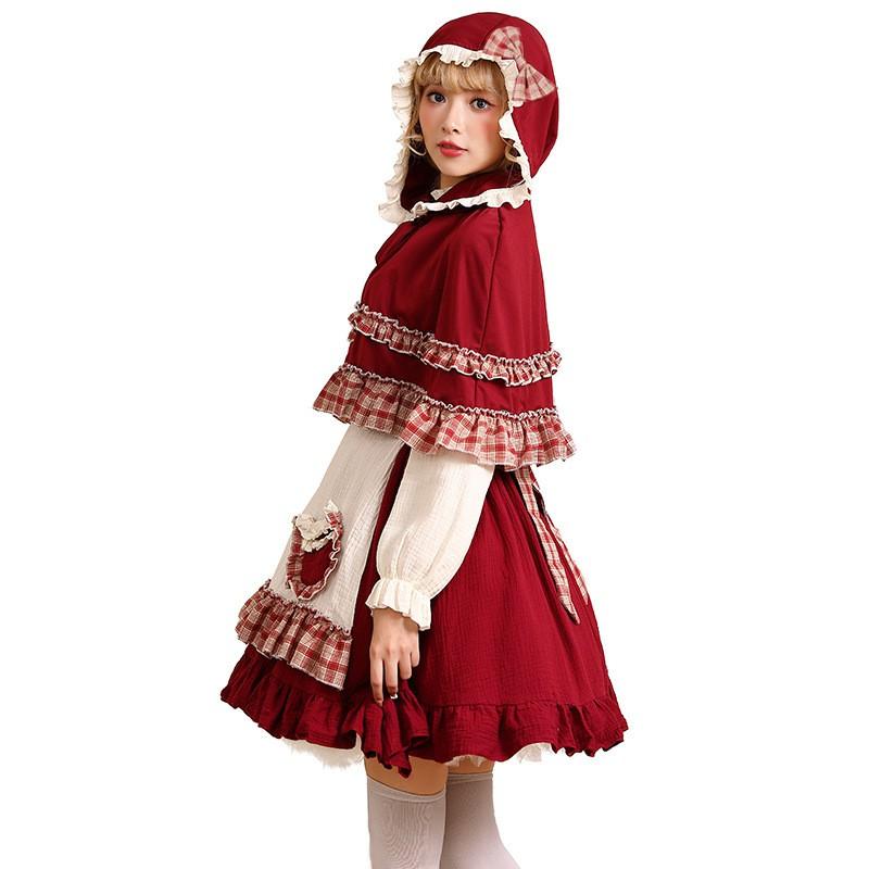 Halloween Little Red Riding Hood Costume Bow Wine Cape Fairy Tale Cosplay Women
