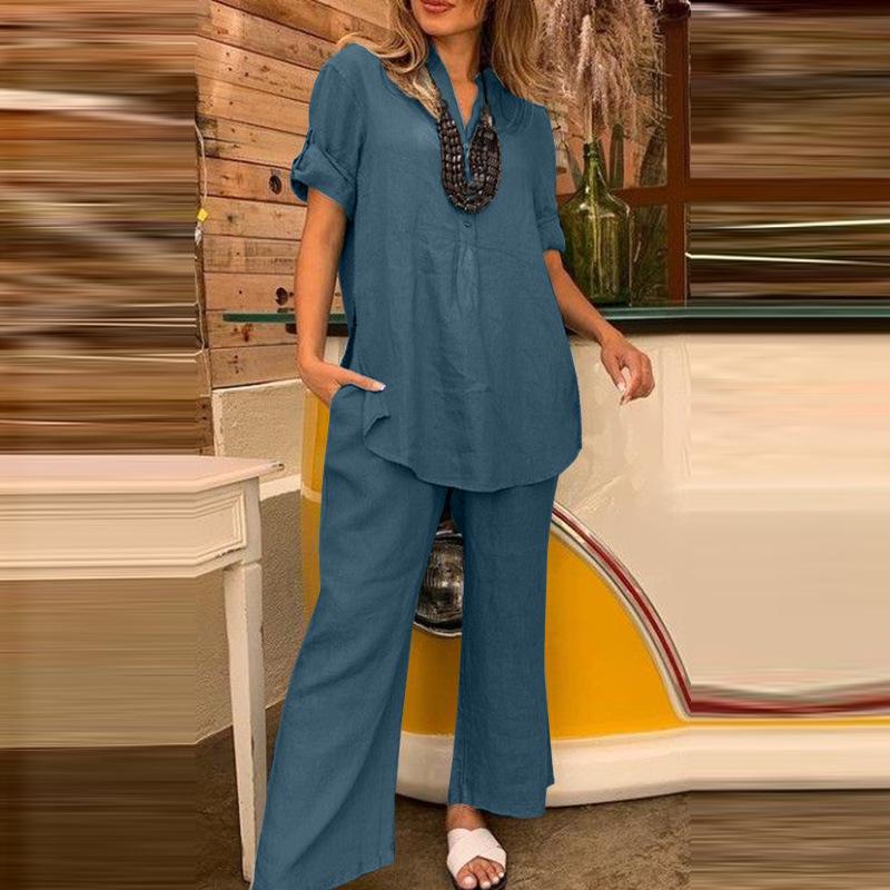 Women Short Sleeve Blouse and Pants Casual Two Piece Sets