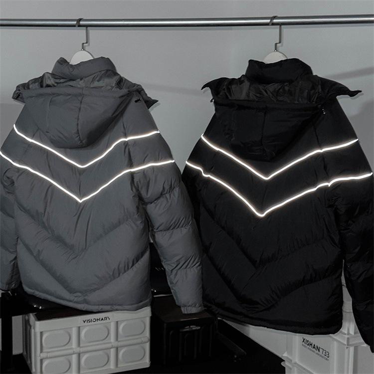 Men's American Style Black Hooded Jacket: Reflective Stand Collar, Winter Cotton, Casual Loose Fit.