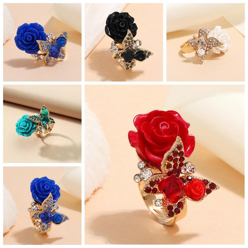 Retro Original Exaggerated National Wind Butterfly Rose Ring Crystal Bohemian Alloy Jewelry Women Gift