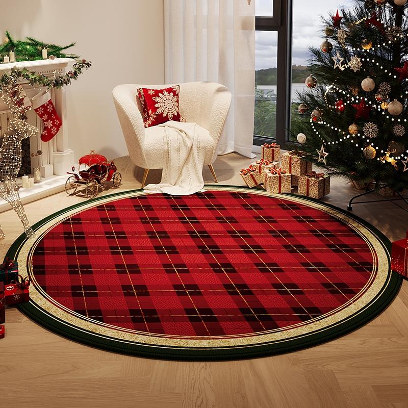Christmas Living Room Decoration Round Carpet Thick Plush Rugs for Bedroom Fluffy Soft Home Red Floor Mat Cloakroom Washable Rug