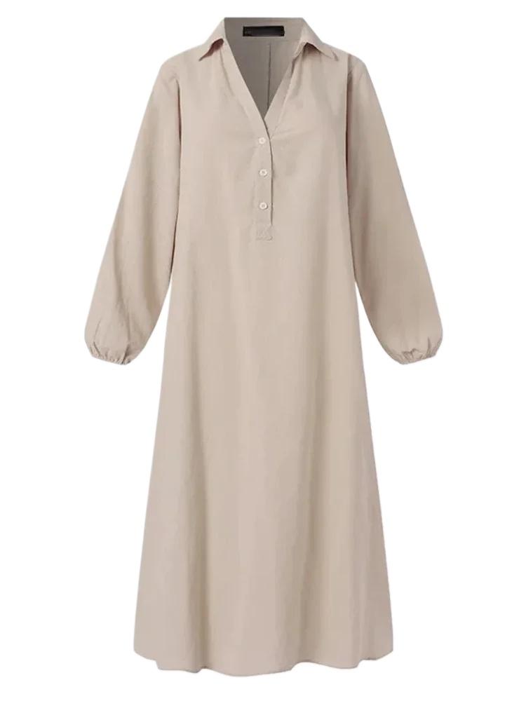 Модное хлопковое и пеньковое длинное повседневное однотонное платье с V-образным вырезом, элегантный халат с полуоткрытой передней частью и длинными рукавами для женщин