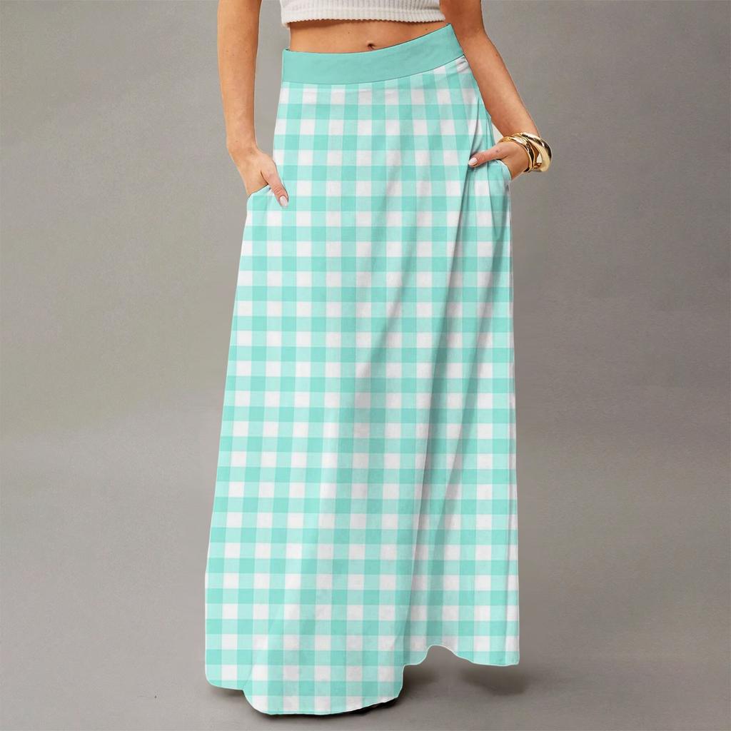 Женская повседневная складная юбка макси с высокой талией, драпированная, свободного кроя, с карманом, в полоску, в клетку