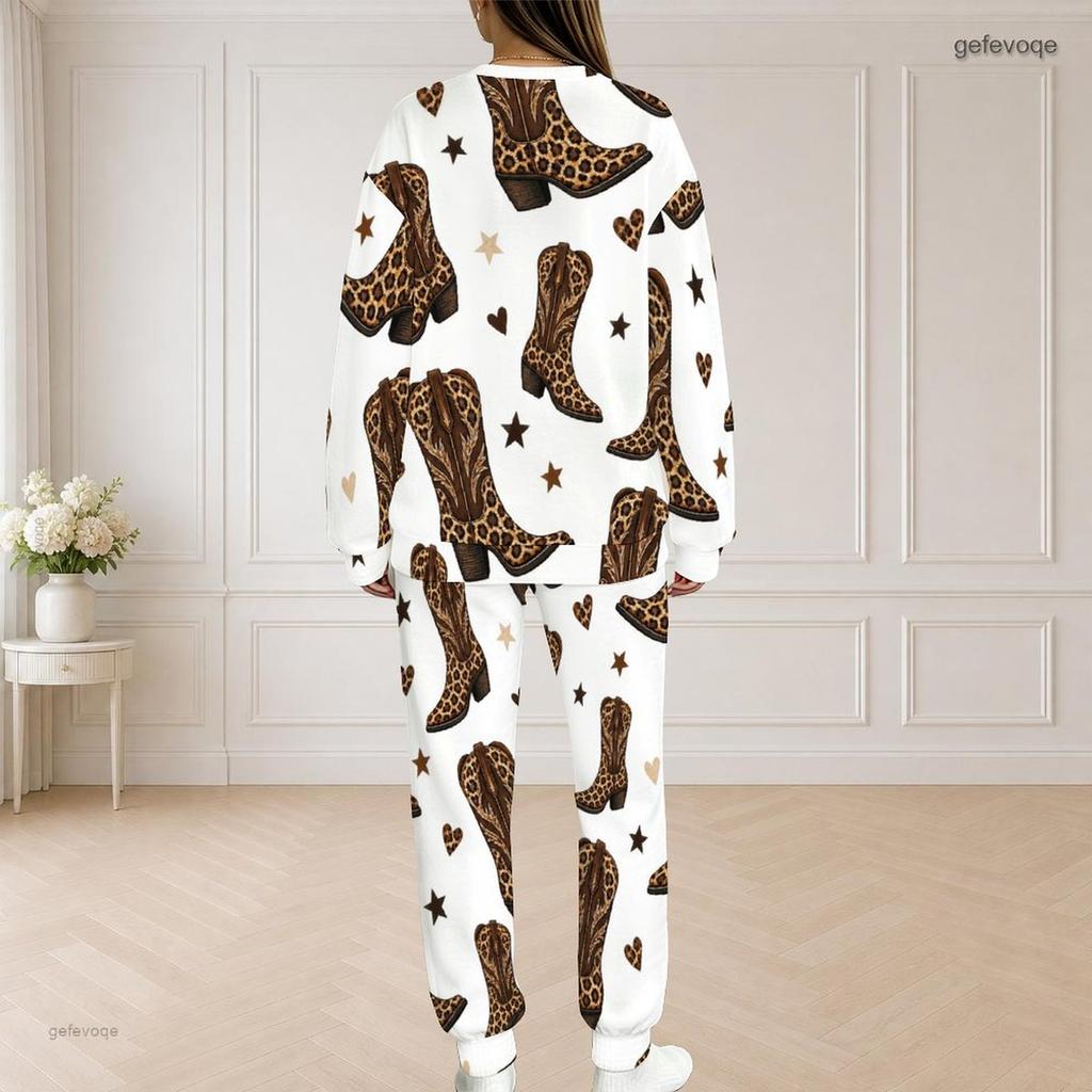 Women Plus Size White Printed Round Neck Long Sleeve Top With Pockets Long Pants Two Piece Set