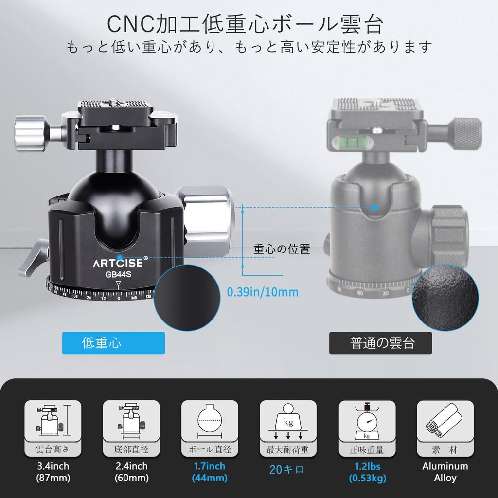 ARTCISE 44mm Low Center of Gravity Handle Ball Head CNC Precision Machined Aluminum Video Tripod Head 360 Degree Rotation Panorama Ball Head with Two