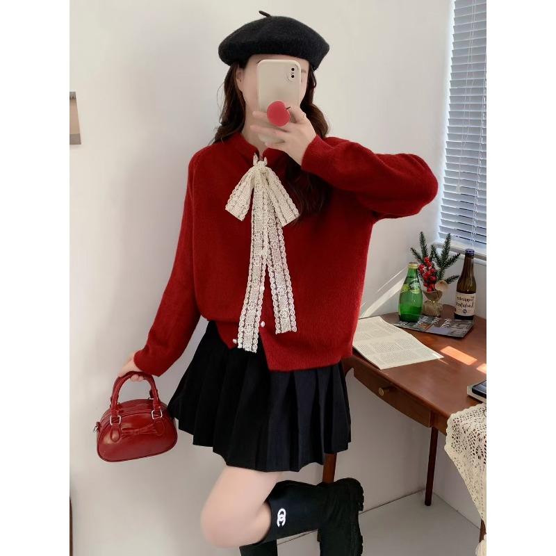 Нежный ветер кружево шнуровка круглый вырез вязаный кардиган топ женский весна и осень новый свободный милый омолаживающий свитер куртка