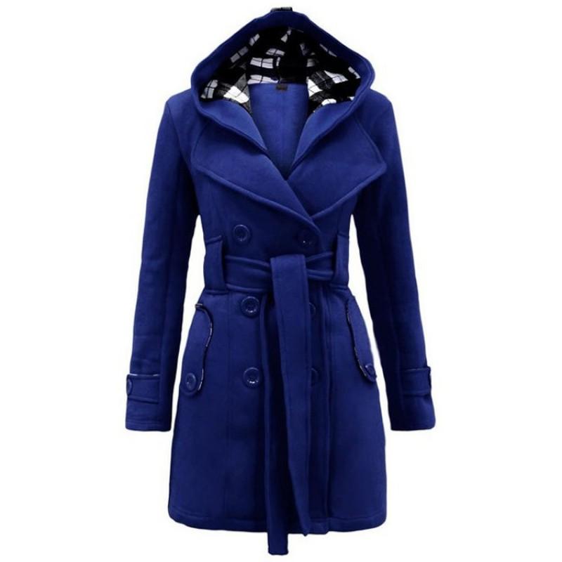 Plaid Hooded Wool Blend Coat Double-Breasted Belted Long Winter Overcoat Women