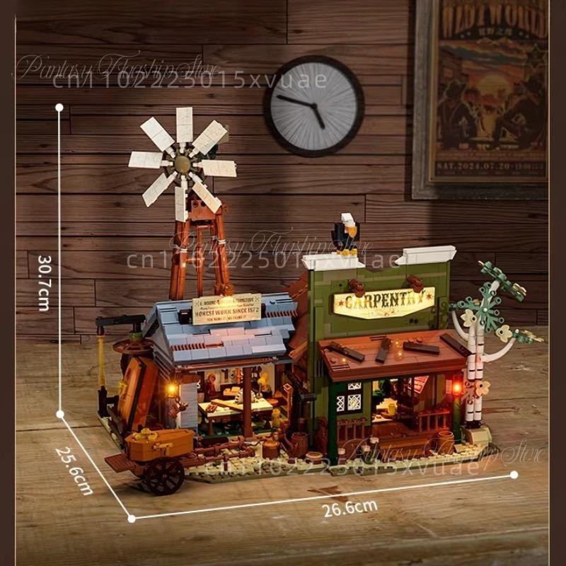 Western Series Carpenter Shop Building Blocks Assembling Street Scene Model Toys Desktop Decoration Collectible Holiday Gifts