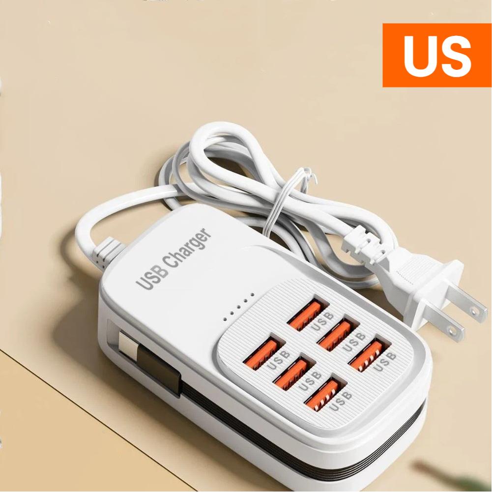 6 Ports Fast Charging Station Power Adapter 3PD 3USB Quick Charge Wall Charger With 1m Type‑C Cable For iPhone 15 Xiaomi Huawei