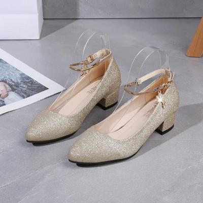 Женские свадебные туфли на высоком каблуке, серебристо-черные весенние туфли-лодочки 2024 с ремешком на щиколотке и кристаллами, туфли-лодочки на неглубоком массивном каблуке, большие размеры