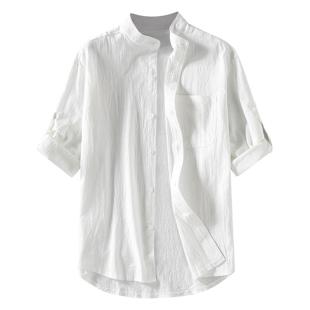 Мужская летняя рубашка с воротником-стойкой и пятью точками со средними рукавами, свободный однотонный топ из хлопка и льна