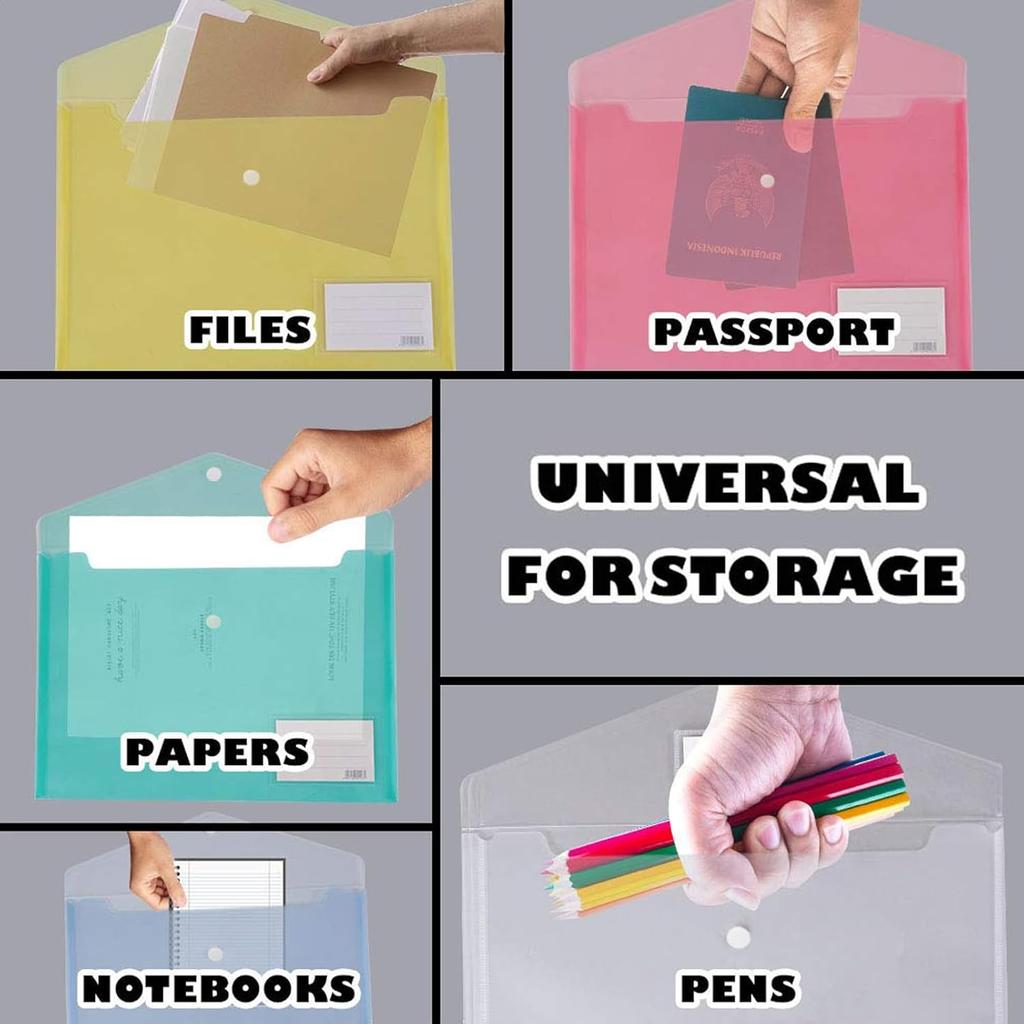 10 Pack Plastic File Folders with Label Pockets - US Letter & A4 Size Clear Document Envelopes, Assorted Color Poly Organizers for Office School