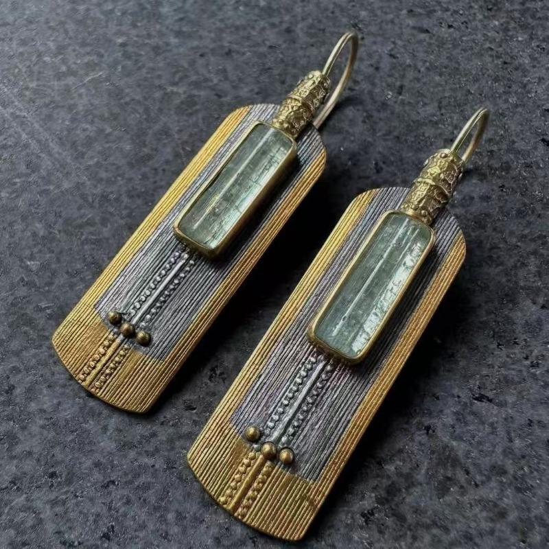 Винтажные серьги в этническом стиле с инкрустацией зеленым камнем, геометрический креатив, серебристого цвета, серьги-подвески для женщин, ювелирные изделия