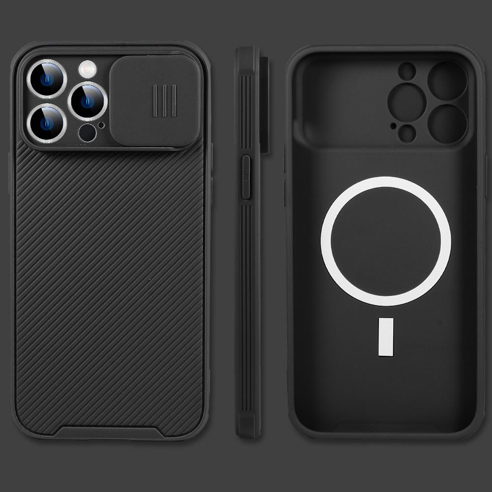 Магнитный чехол с защитой объектива камеры на сдвижной крышке для For Iphone 16 1 14 13 12 11 ProMax Plus для Беспроводной зарядки Мягкий Полный Чехол