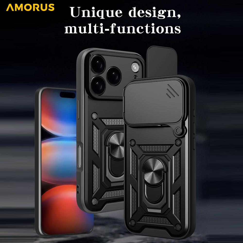 AMORUS Чехол для iPhone 17 Pro Max с подставкой, ПК+ТПУ, чехол для телефона со сдвижной шторкой для камеры