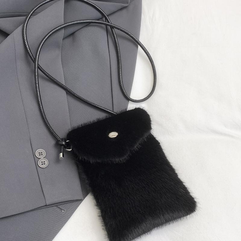 Trend Faux Fur Crossbody Bag Soft Plush Mini Shoulder Purse With Metal Button Adjustable Leather Strap Handbag Winter Phone Bag
