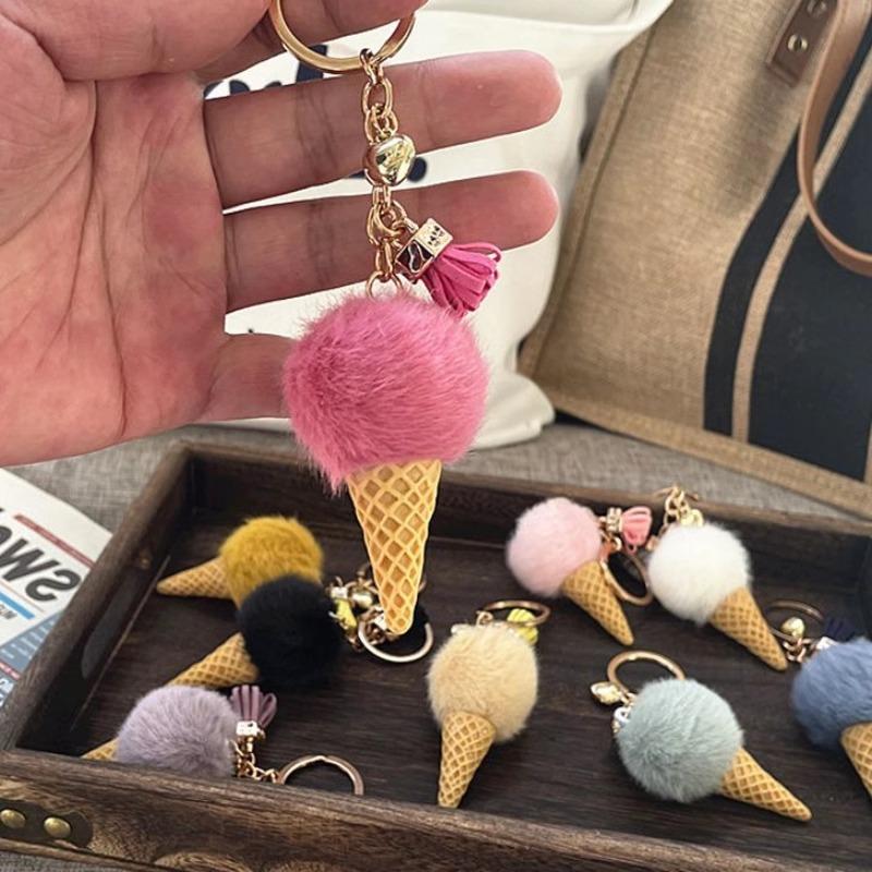 Cute Ice Cream Cone Plush Keychain Cartoon Pompom Bag Charm Car Key Ring Accessory
