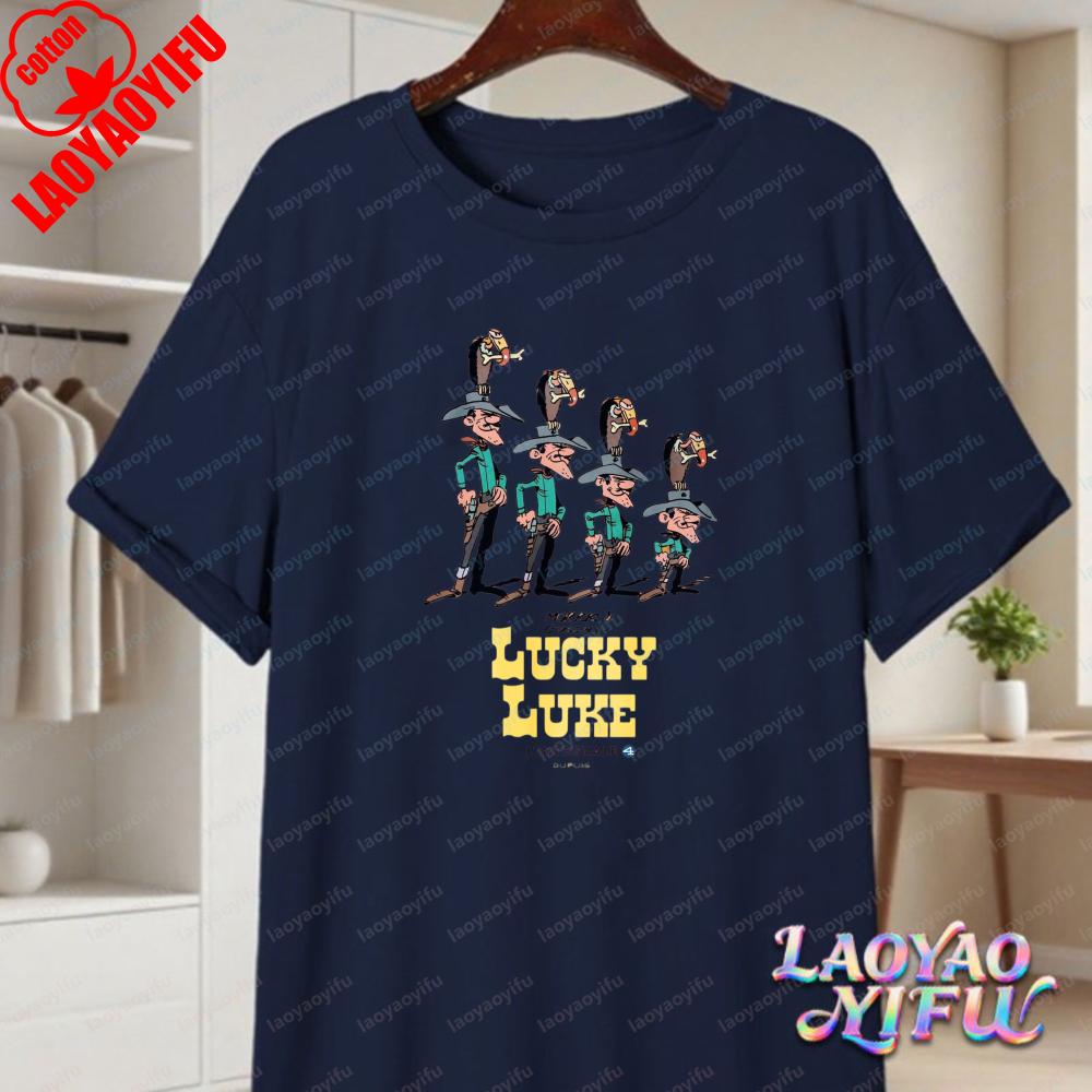 Lucky Luke Full Cast Print Casual Tops Playful Western Cartoon Cotton Tee Funny Vintage Classic Anime Shirt Trend Unisexs Clothing