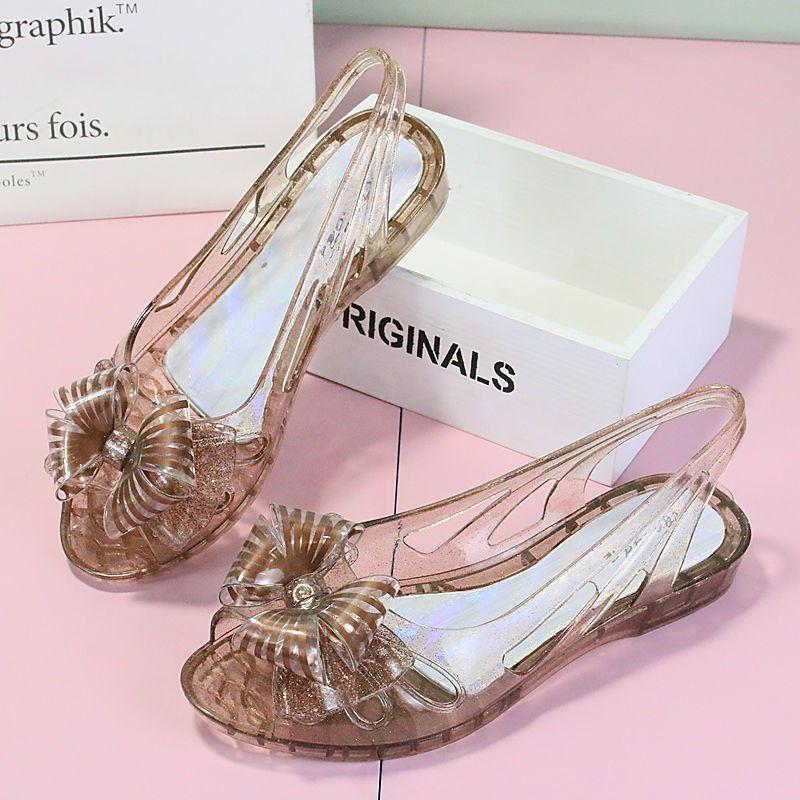 Обувь на среднем каблуке Лето 2024 Босоножки с бантом для женщин Пляжная женская обувь Желе Пластик ПВХ Тренд Противоскользящая Горячая обувь Корея