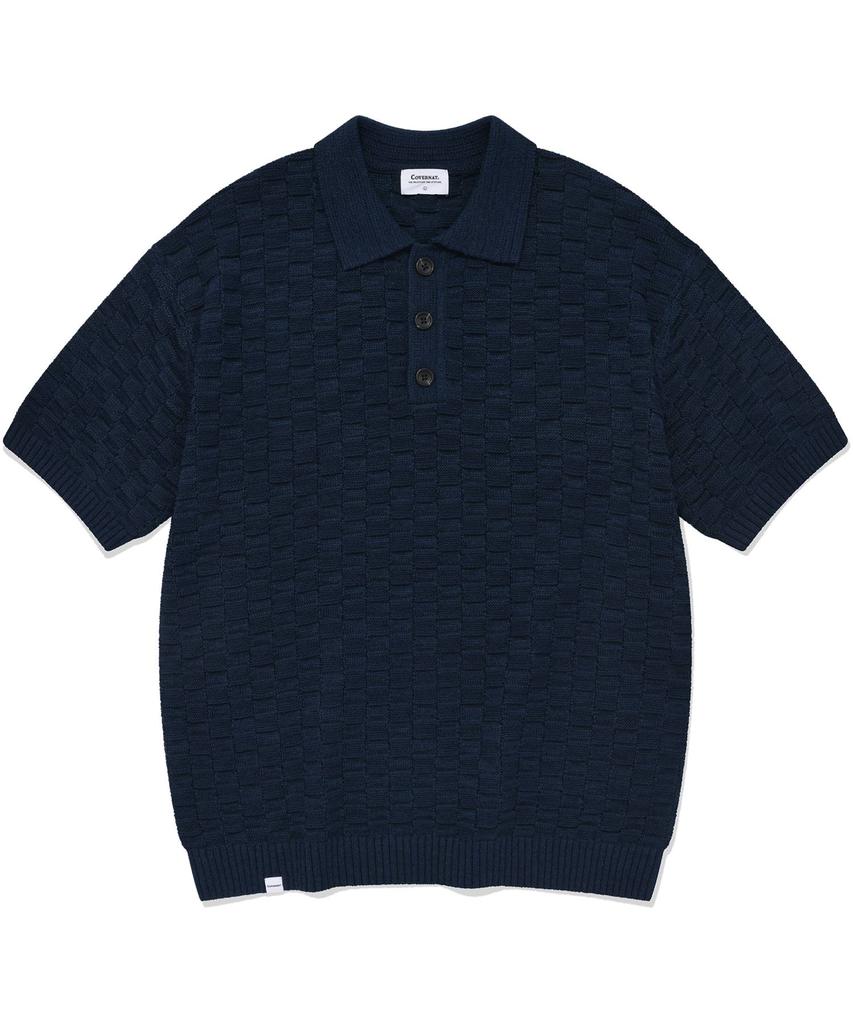 COVERNAT Block Texture Collar Half Knit Navy