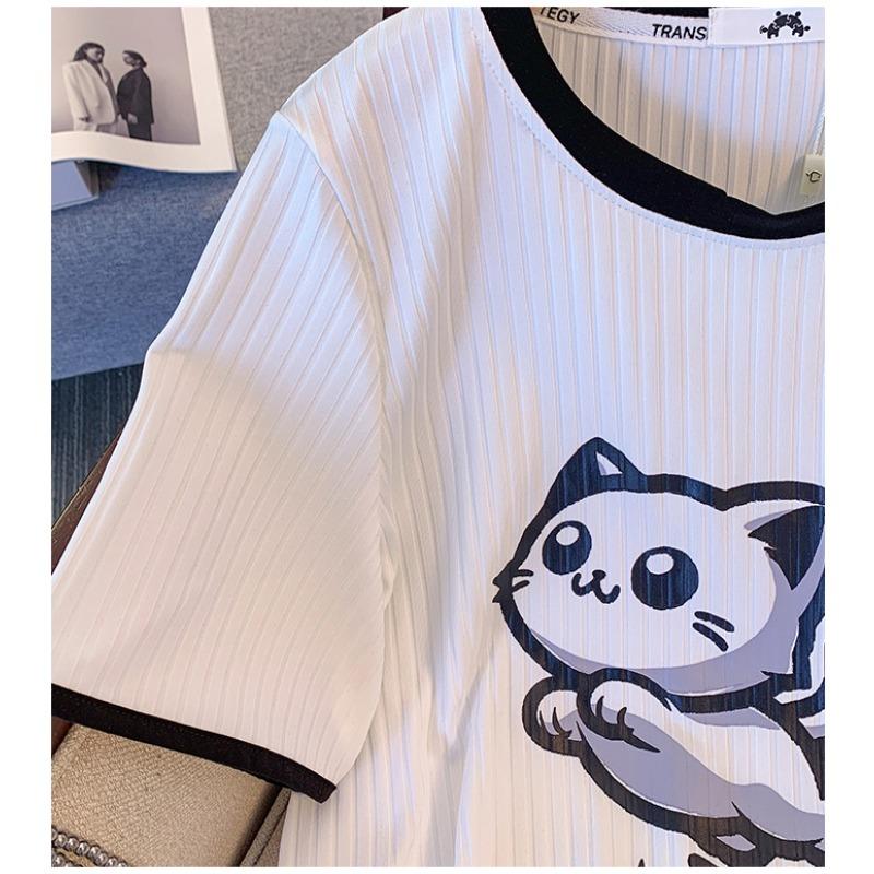 Женская летняя футболка из ледяного шелка больших размеров, топы с короткими рукавами и принтом кота, свободные и тонкие с положительным плечом и круглым вырезом