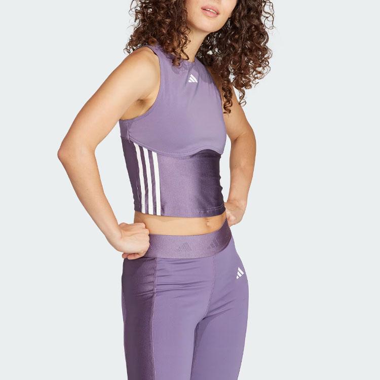 adidas Укороченный топ на бретельках Hyperglam Shine с логотипом в полоску, круглый вырез, быстросохнущий спортивный жилет для фитнеса, женские топы, темно-серый, фиолетовый, IN6822