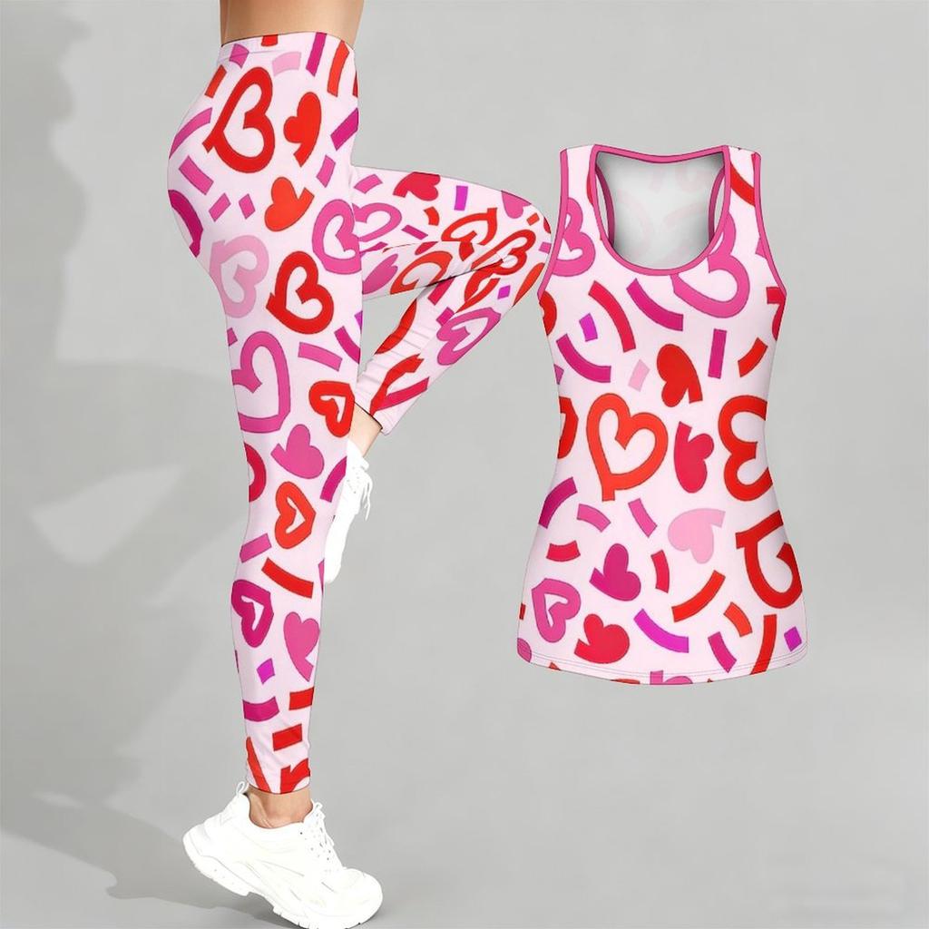 Комплект для йоги с принтом в виде сердечек для женщин, модные леггинсы для тренировок, фитнес, спорт, повседневный набор для йоги, спортивный костюм, эксклюзив ко Дню святого Валентина