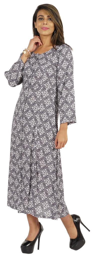 Bimba Printed Maxi Dress For Women Front Button Placket Ethnic Dress Casual Rayon