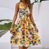 Women's Spring And Summer Casual V-Neck Sleeveless Waist Floral Print Midi Dress