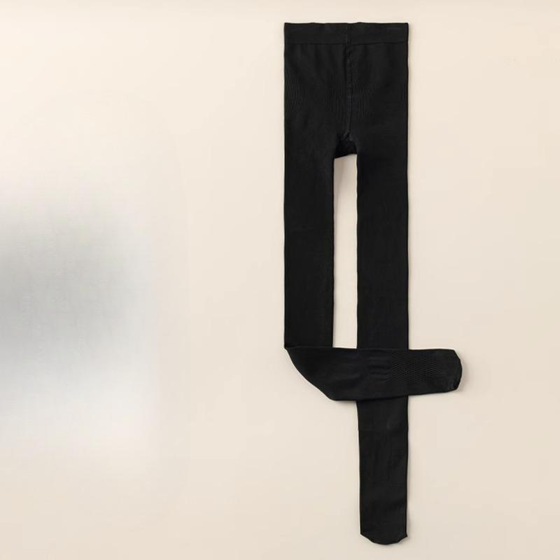 Spring Autumn Winter Women's Gray Vertical Stripe Fleece Lined Thick Warm Outer Wear Pantyhose & Black Compression Slimming Leggings