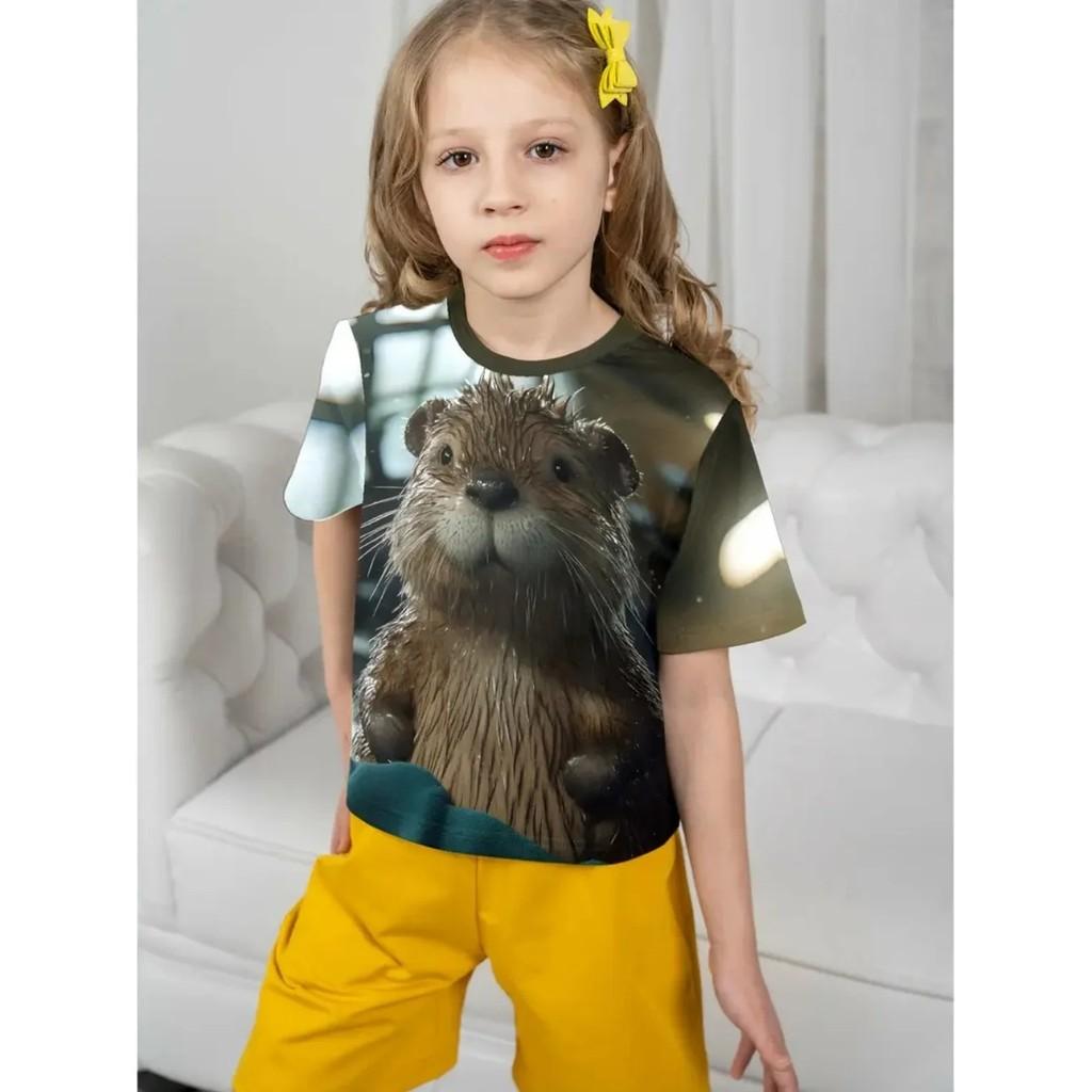 Kids Girl T-Shirt 3D Capybara Cute Graphic Short Sleeve Tee Children Summer Daily Play Outdoor Outfit
