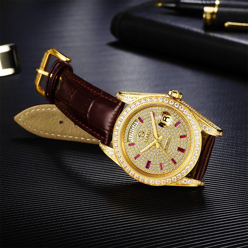 Start Мужские часы Gypsophila, официальные подлинные часы с бриллиантами, водонепроницаемые автоматические механические часы, функция даты и недели